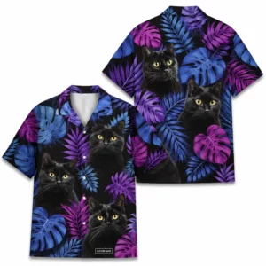 Personalized Black Cat Neon Jungle Hawaiian Shirt For Men And Women, Short Sleeve Cute Pet Glowing Tropical Night, Custom Name Summer Button Down - Style 2