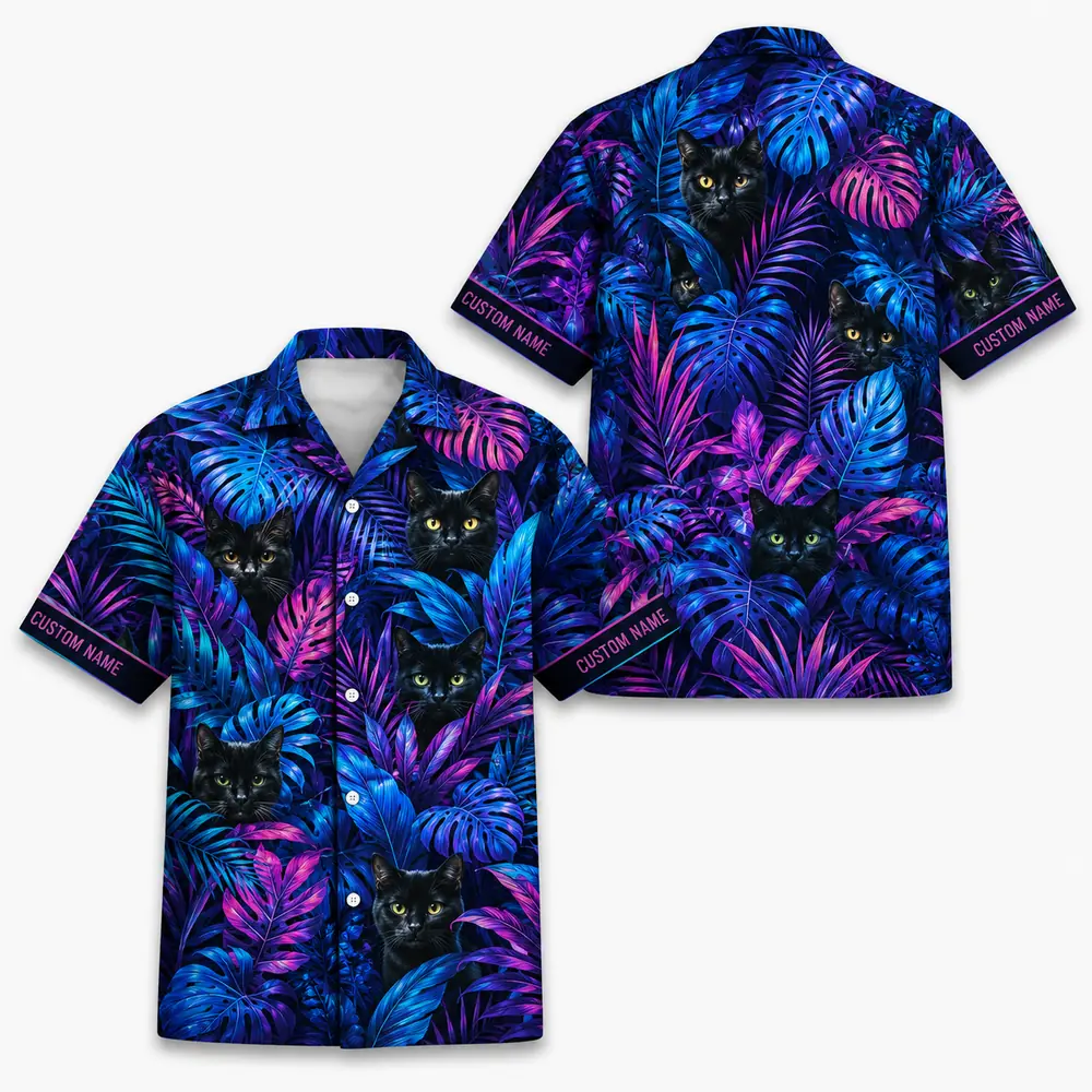 Personalized Black Cat Neon Jungle Hawaiian Shirt For Men And Women, Short Sleeve Cute Pet Glowing Tropical Night, Custom Name Summer Button Down - Style 3