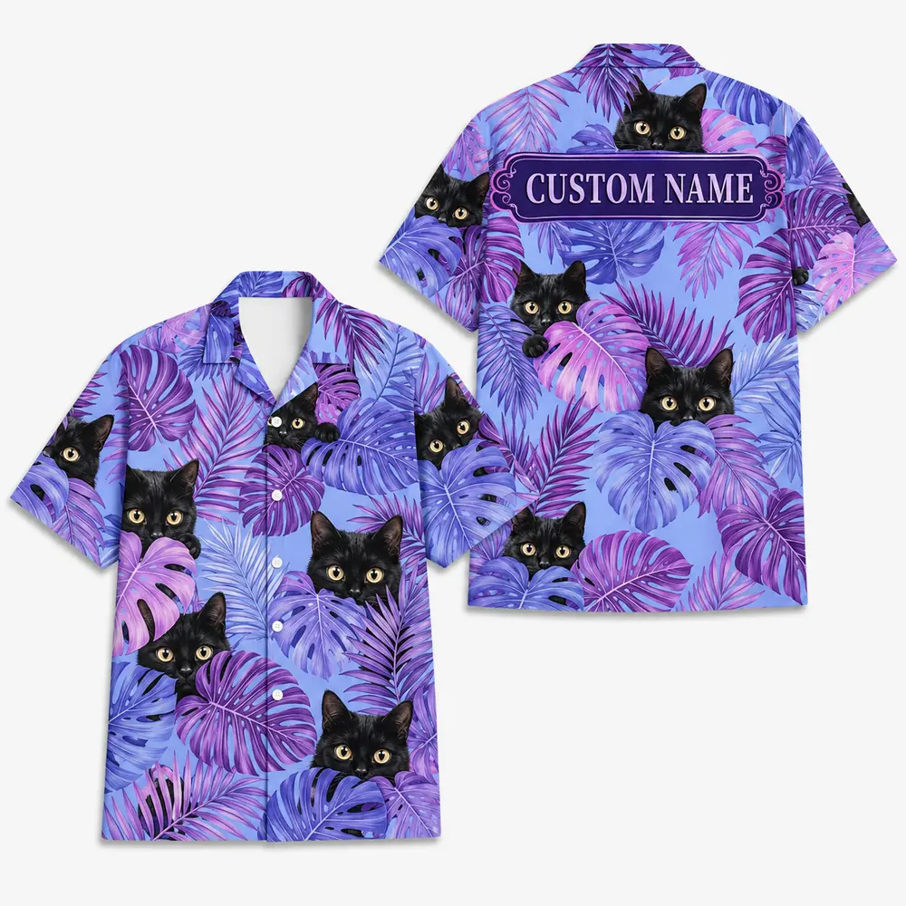 Personalized Black Cat Neon Jungle Hawaiian Shirt For Men And Women, Short Sleeve Cute Pet Glowing Tropical Night, Custom Name Summer Button Down - Style 4