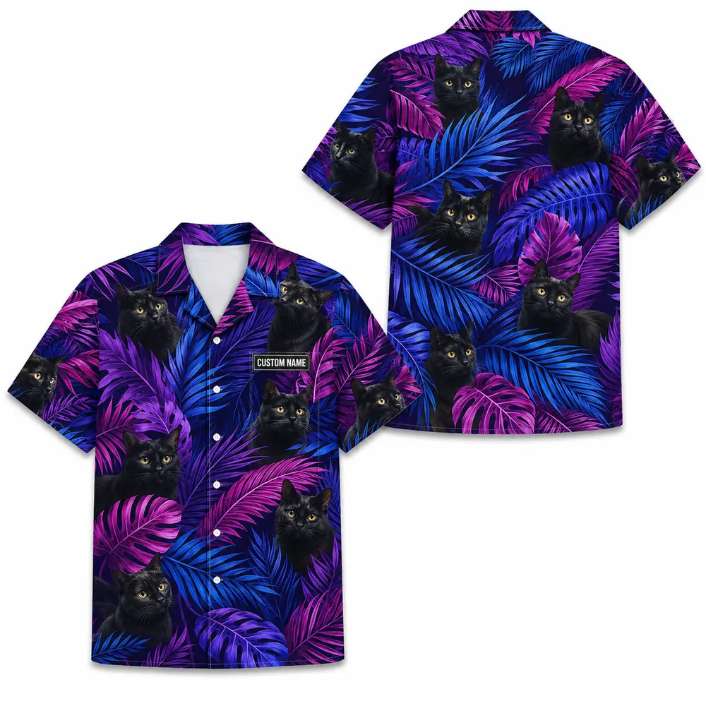 Personalized Black Cat Neon Jungle Hawaiian Shirt For Men And Women, Short Sleeve Cute Pet Glowing Tropical Night, Custom Name Summer Button Down - Style 5