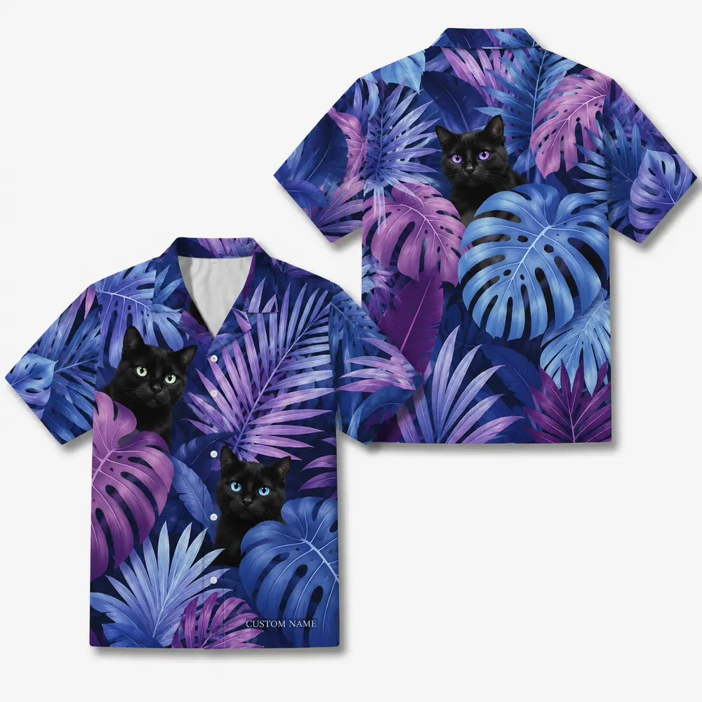 Personalized Black Cat Neon Jungle Hawaiian Shirt For Men And Women, Short Sleeve Cute Pet Glowing Tropical Night, Custom Name Summer Button Down - Style 6