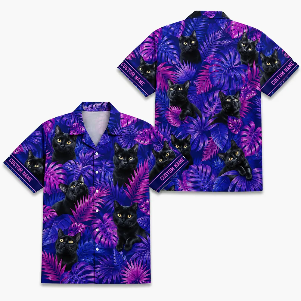 Personalized Black Cat Neon Jungle Hawaiian Shirt For Men And Women, Short Sleeve Cute Pet Glowing Tropical Night, Custom Name Summer Button Down - Style 7