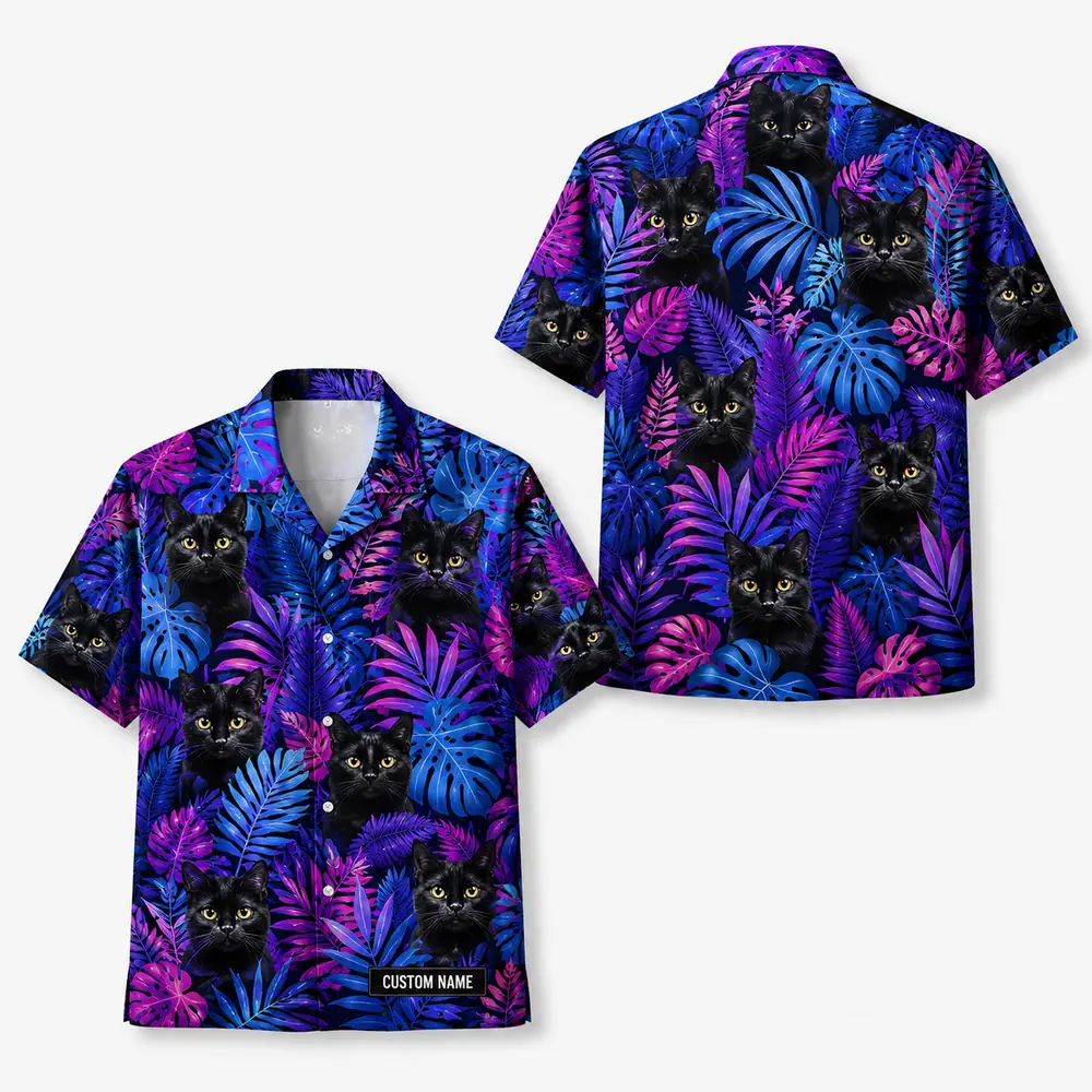 Personalized Black Cat Neon Jungle Hawaiian Shirt For Men And Women, Short Sleeve Cute Pet Glowing Tropical Night, Custom Name Summer Button Down - Style 8