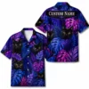 Personalized Black Cat Neon Jungle Hawaiian Shirt For Men And Women, Short Sleeve Cute Pet Glowing Tropical Night, Custom Name Summer Button Down - Style 9