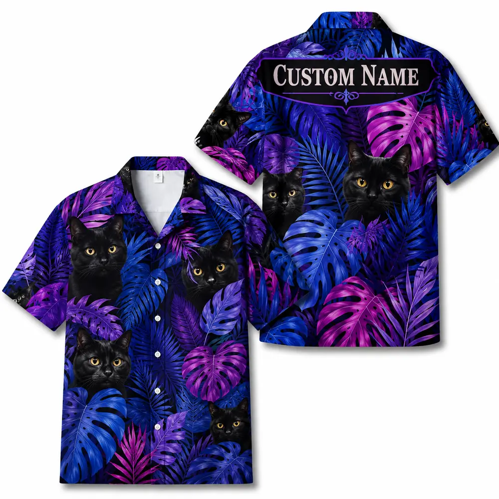 Personalized Black Cat Neon Jungle Hawaiian Shirt For Men And Women, Short Sleeve Cute Pet Glowing Tropical Night, Custom Name Summer Button Down - Style 9
