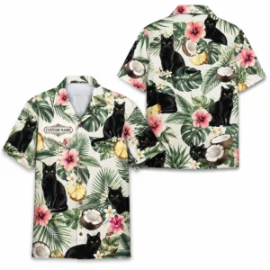 Personalized Black Cat Summer Beach Aloha Hawaiian Shirt For Men And Women, Short Sleeve Cute Pet Tropical Island Vacation, Custom Name Button Down - Style 1