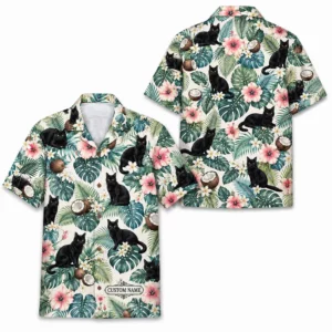 Personalized Black Cat Summer Beach Aloha Hawaiian Shirt For Men And Women, Short Sleeve Cute Pet Tropical Island Vacation, Custom Name Button Down - Style 2