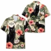 Personalized Black Cat Summer Beach Aloha Hawaiian Shirt For Men And Women, Short Sleeve Cute Pet Tropical Island Vacation, Custom Name Button Down - Style 4