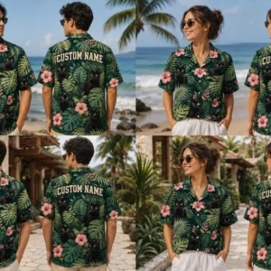 Personalized Black Cat Tropical Hawaiian Shirt For Men And Women, Short Sleeve Cute Pet Floral Island Vacation Print, Custom Name Summer Button Down - View 1
