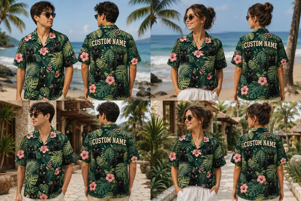Personalized Black Cat Tropical Hawaiian Shirt For Men And Women, Short Sleeve Cute Pet Floral Island Vacation Print, Custom Name Summer Button Down - View 1