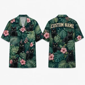 Personalized Black Cat Tropical Hawaiian Shirt For Men And Women, Short Sleeve Cute Pet Floral Island Vacation Print, Custom Name Summer Button Down
