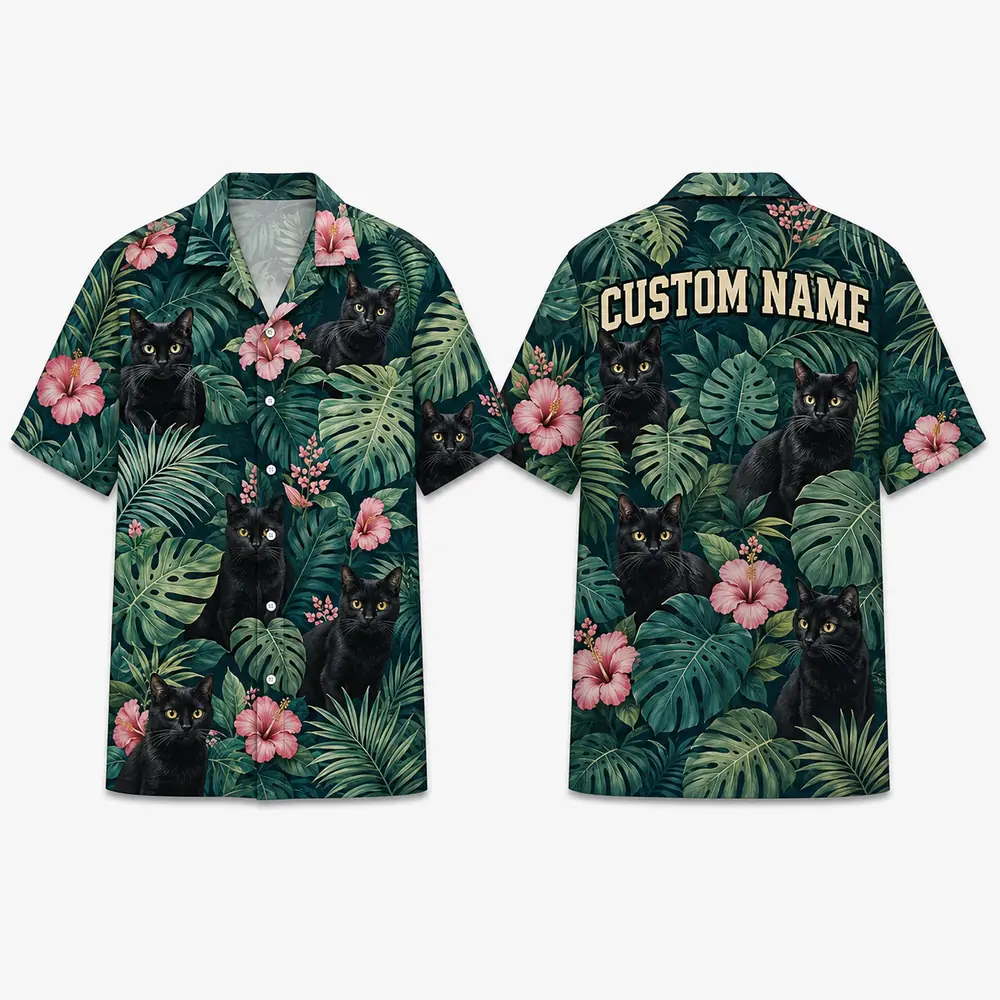 Personalized Black Cat Tropical Hawaiian Shirt For Men And Women, Short Sleeve Cute Pet Floral Island Vacation Print, Custom Name Summer Button Down