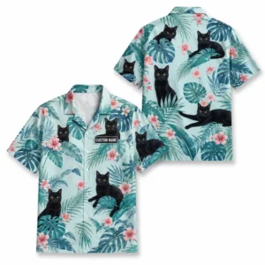 Personalized Black Cat Tropical Jungle Hawaiian Shirt For Men And Women, Short Sleeve Cute Pet Botanical Nature, Custom Name Summer Button Down - Style 1