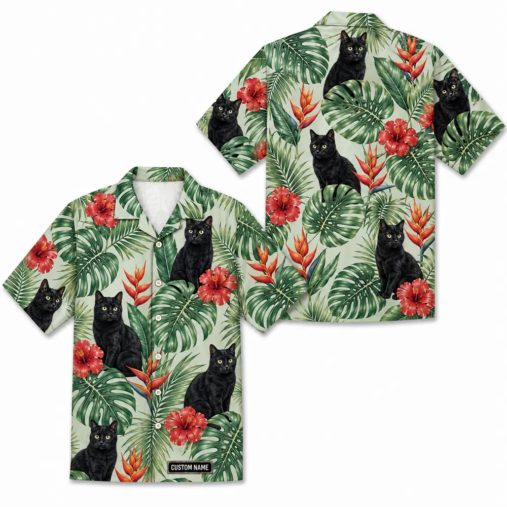 Personalized Black Cat Tropical Jungle Hawaiian Shirt For Men And Women, Short Sleeve Cute Pet Botanical Nature, Custom Name Summer Button Down - Style 10