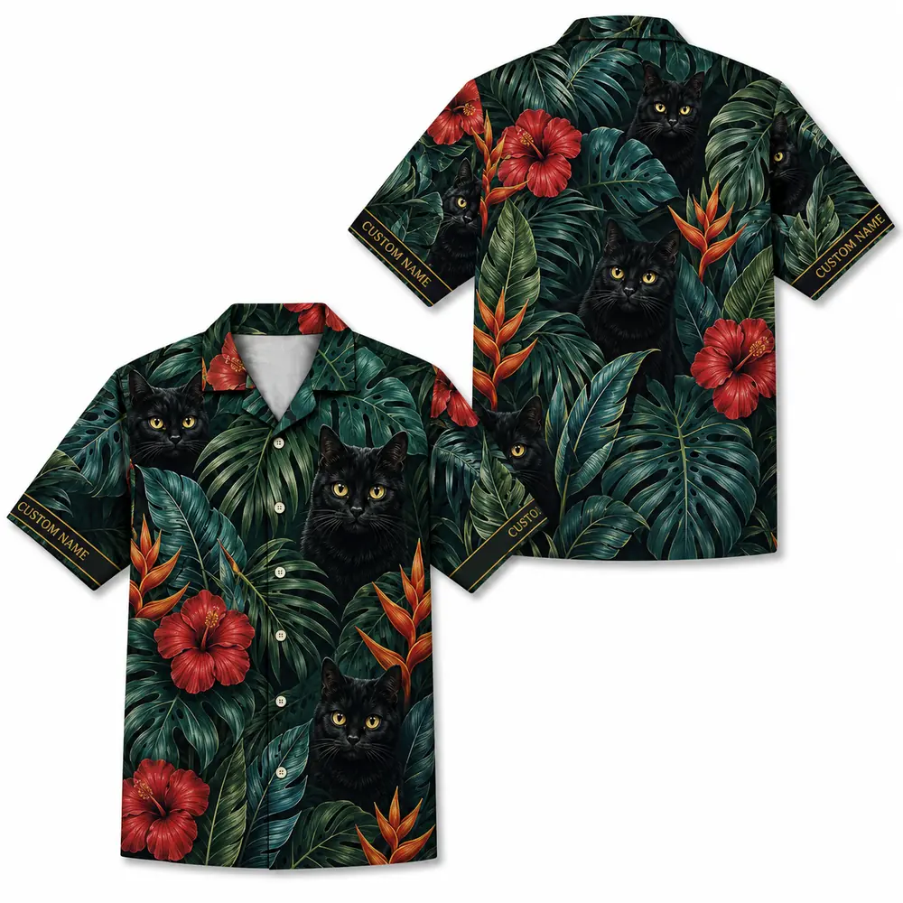 Personalized Black Cat Tropical Jungle Hawaiian Shirt For Men And Women, Short Sleeve Cute Pet Botanical Nature, Custom Name Summer Button Down - Style 11