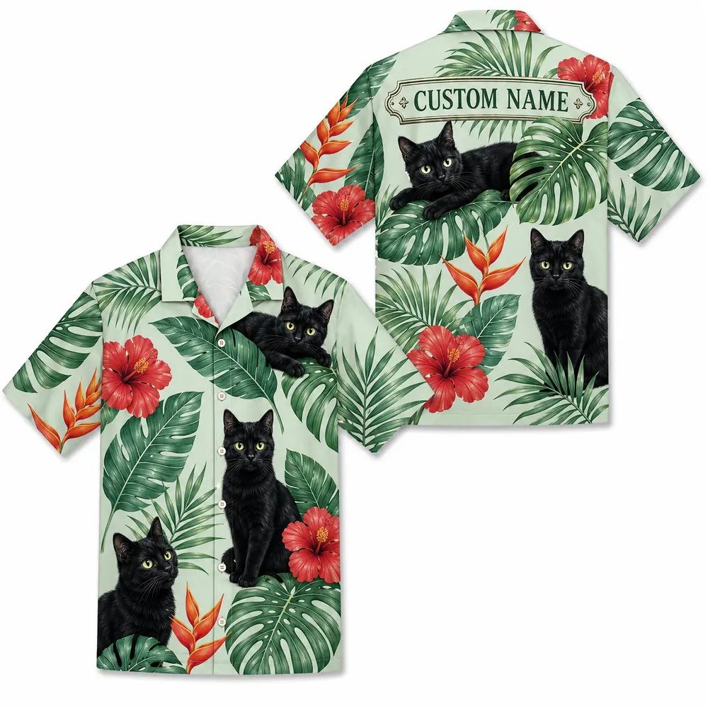 Personalized Black Cat Tropical Jungle Hawaiian Shirt For Men And Women, Short Sleeve Cute Pet Botanical Nature, Custom Name Summer Button Down - Style 12