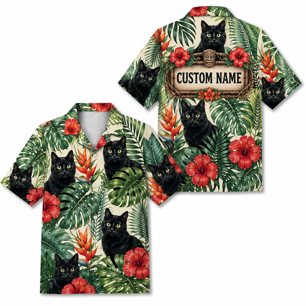 Personalized Black Cat Tropical Jungle Hawaiian Shirt For Men And Women, Short Sleeve Cute Pet Botanical Nature, Custom Name Summer Button Down - Style 13