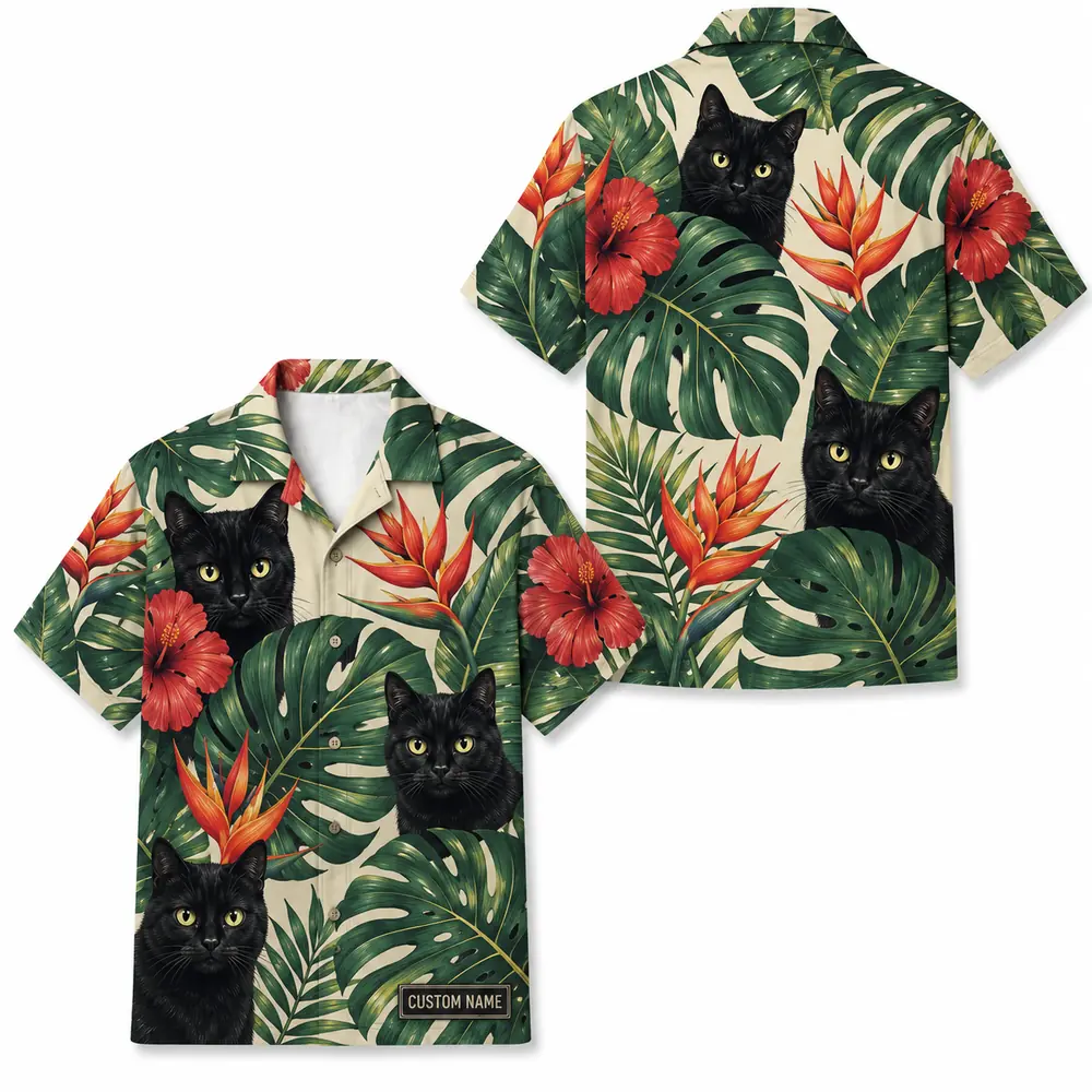 Personalized Black Cat Tropical Jungle Hawaiian Shirt For Men And Women, Short Sleeve Cute Pet Botanical Nature, Custom Name Summer Button Down - Style 15