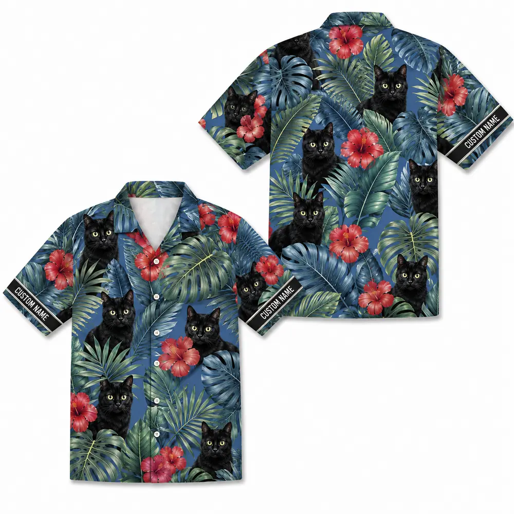 Personalized Black Cat Tropical Jungle Hawaiian Shirt For Men And Women, Short Sleeve Cute Pet Botanical Nature, Custom Name Summer Button Down - Style 16