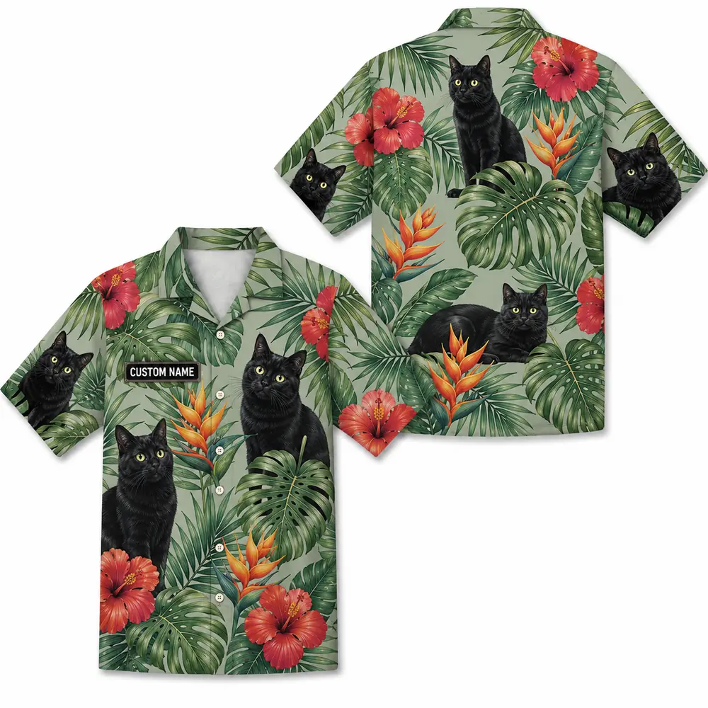 Personalized Black Cat Tropical Jungle Hawaiian Shirt For Men And Women, Short Sleeve Cute Pet Botanical Nature, Custom Name Summer Button Down - Style 17