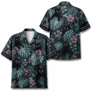 Personalized Black Cat Tropical Jungle Hawaiian Shirt For Men And Women, Short Sleeve Cute Pet Botanical Nature, Custom Name Summer Button Down - Style 2