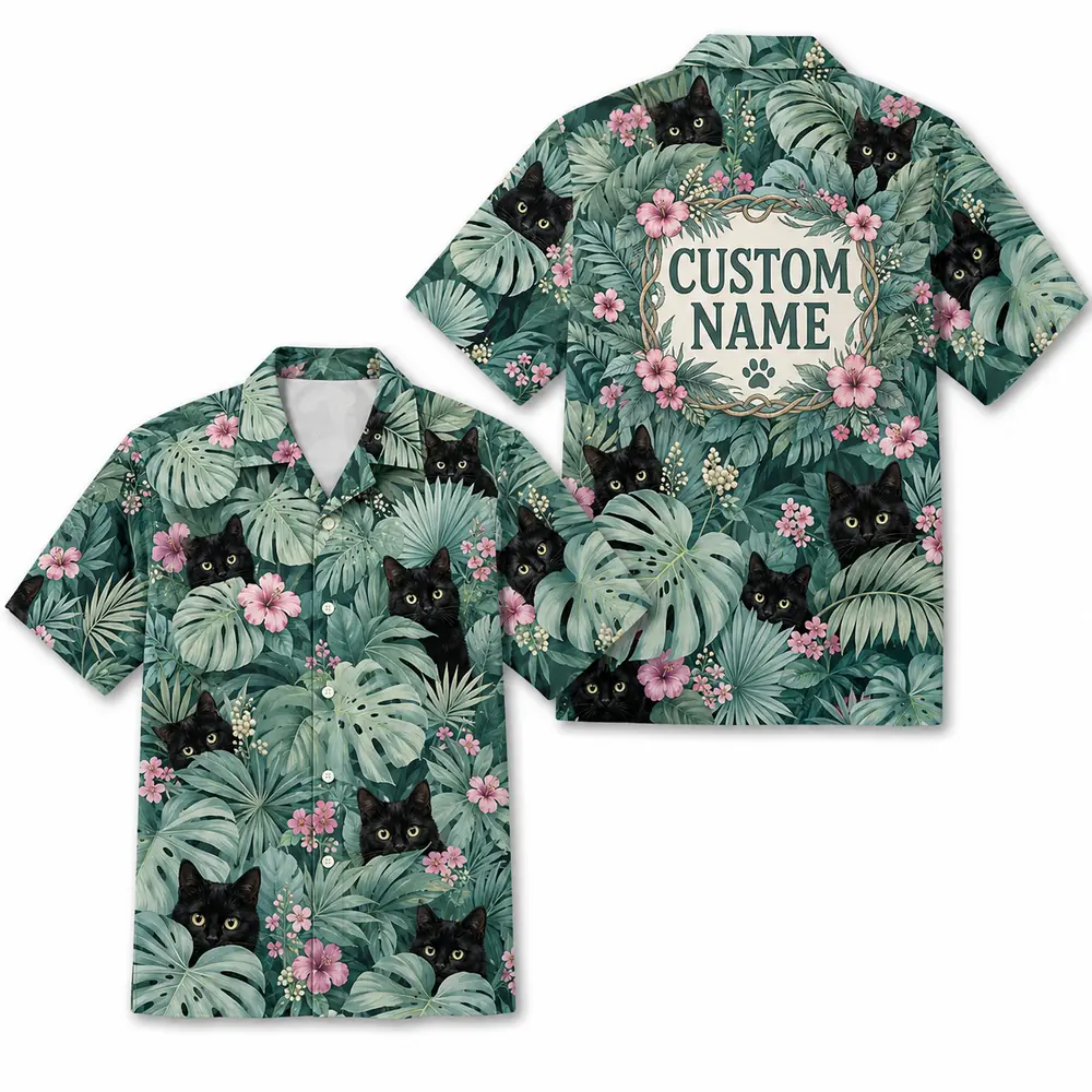Personalized Black Cat Tropical Jungle Hawaiian Shirt For Men And Women, Short Sleeve Cute Pet Botanical Nature, Custom Name Summer Button Down - Style 3