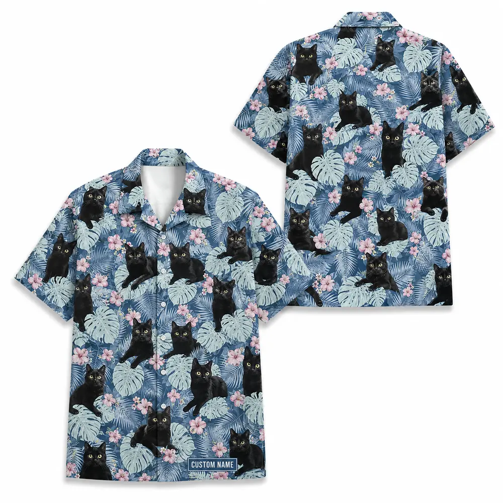 Personalized Black Cat Tropical Jungle Hawaiian Shirt For Men And Women, Short Sleeve Cute Pet Botanical Nature, Custom Name Summer Button Down - Style 4
