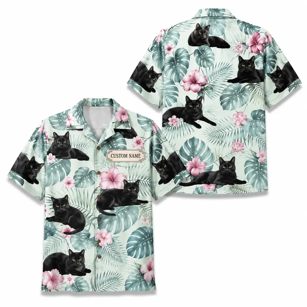 Personalized Black Cat Tropical Jungle Hawaiian Shirt For Men And Women, Short Sleeve Cute Pet Botanical Nature, Custom Name Summer Button Down - Style 5