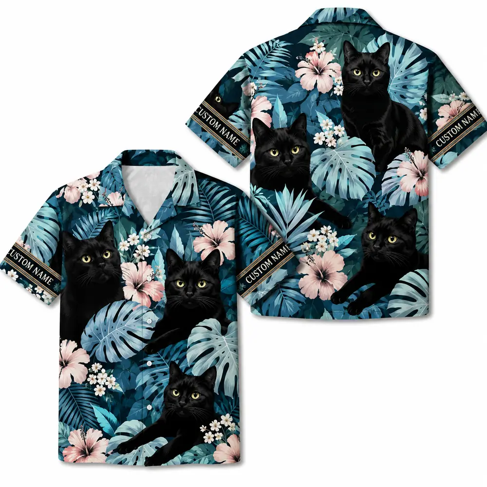 Personalized Black Cat Tropical Jungle Hawaiian Shirt For Men And Women, Short Sleeve Cute Pet Botanical Nature, Custom Name Summer Button Down - Style 6