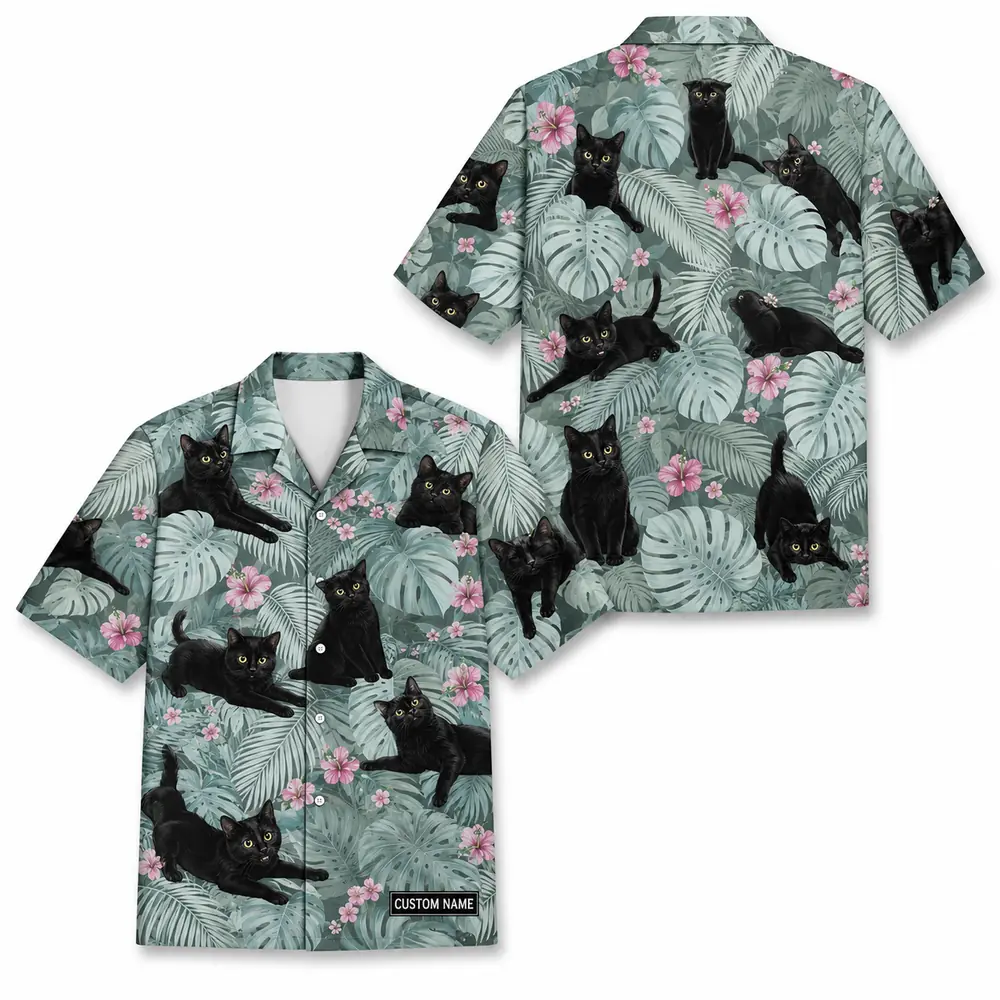 Personalized Black Cat Tropical Jungle Hawaiian Shirt For Men And Women, Short Sleeve Cute Pet Botanical Nature, Custom Name Summer Button Down - Style 7