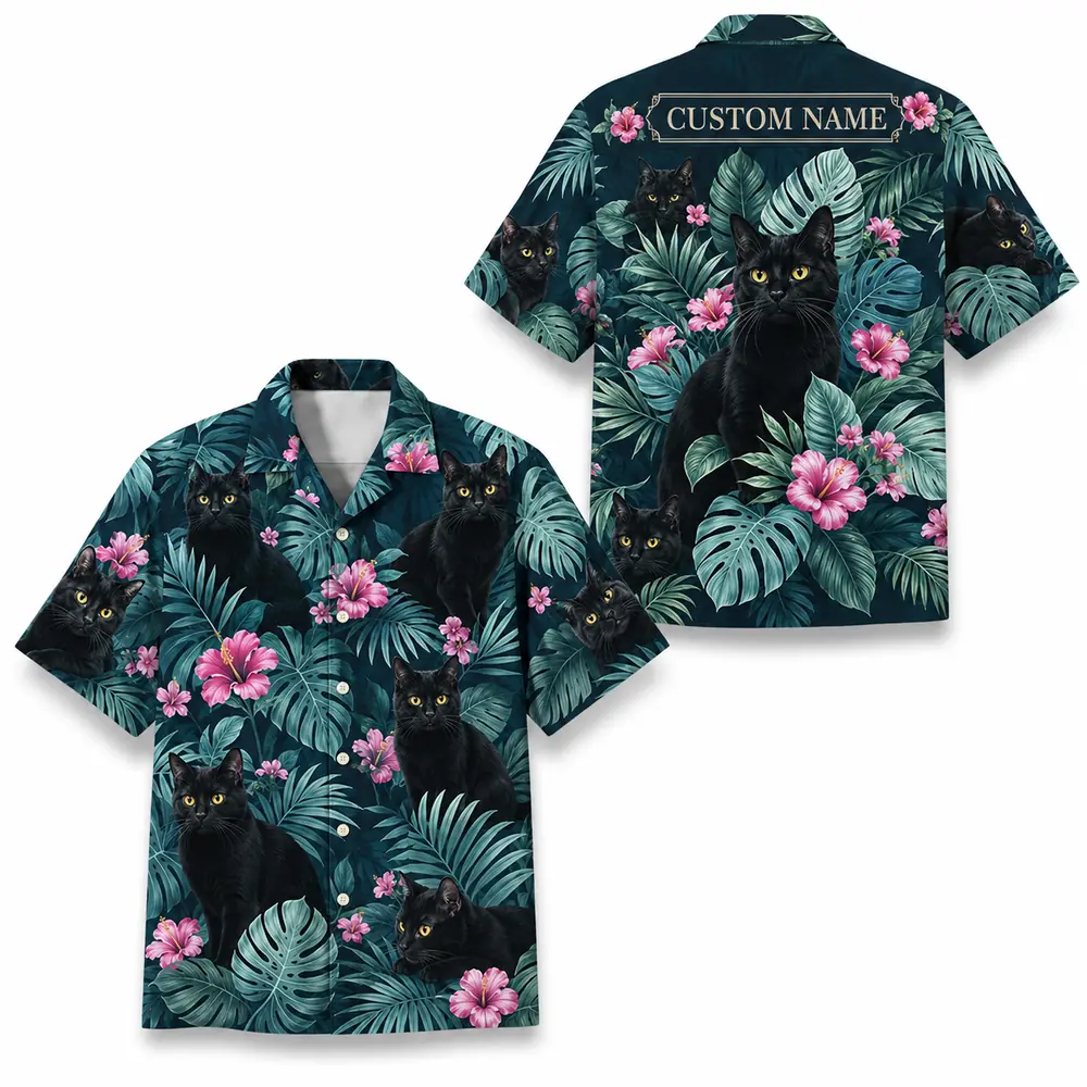 Personalized Black Cat Tropical Jungle Hawaiian Shirt For Men And Women, Short Sleeve Cute Pet Botanical Nature, Custom Name Summer Button Down - Style 8
