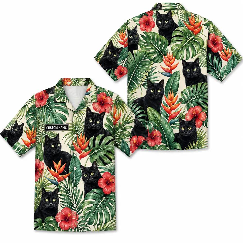 Personalized Black Cat Tropical Jungle Hawaiian Shirt For Men And Women, Short Sleeve Cute Pet Botanical Nature, Custom Name Summer Button Down - Style 9