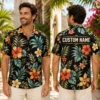 Personalized Black Tropical Floral Hawaiian Shirt For Men And Women, Short Sleeve Elegant Island Vacation Print, Custom Name Summer Button Down - View 1
