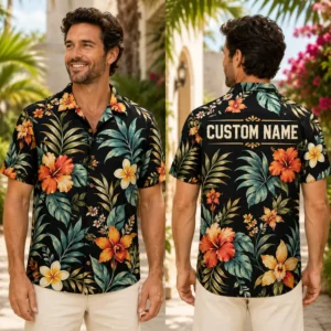 Personalized Black Tropical Floral Hawaiian Shirt For Men And Women, Short Sleeve Elegant Island Vacation Print, Custom Name Summer Button Down - View 1