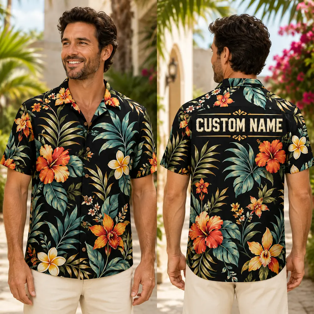 Personalized Black Tropical Floral Hawaiian Shirt For Men And Women, Short Sleeve Elegant Island Vacation Print, Custom Name Summer Button Down - View 1
