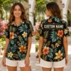 Personalized Black Tropical Floral Hawaiian Shirt For Men And Women, Short Sleeve Elegant Island Vacation Print, Custom Name Summer Button Down - View 2