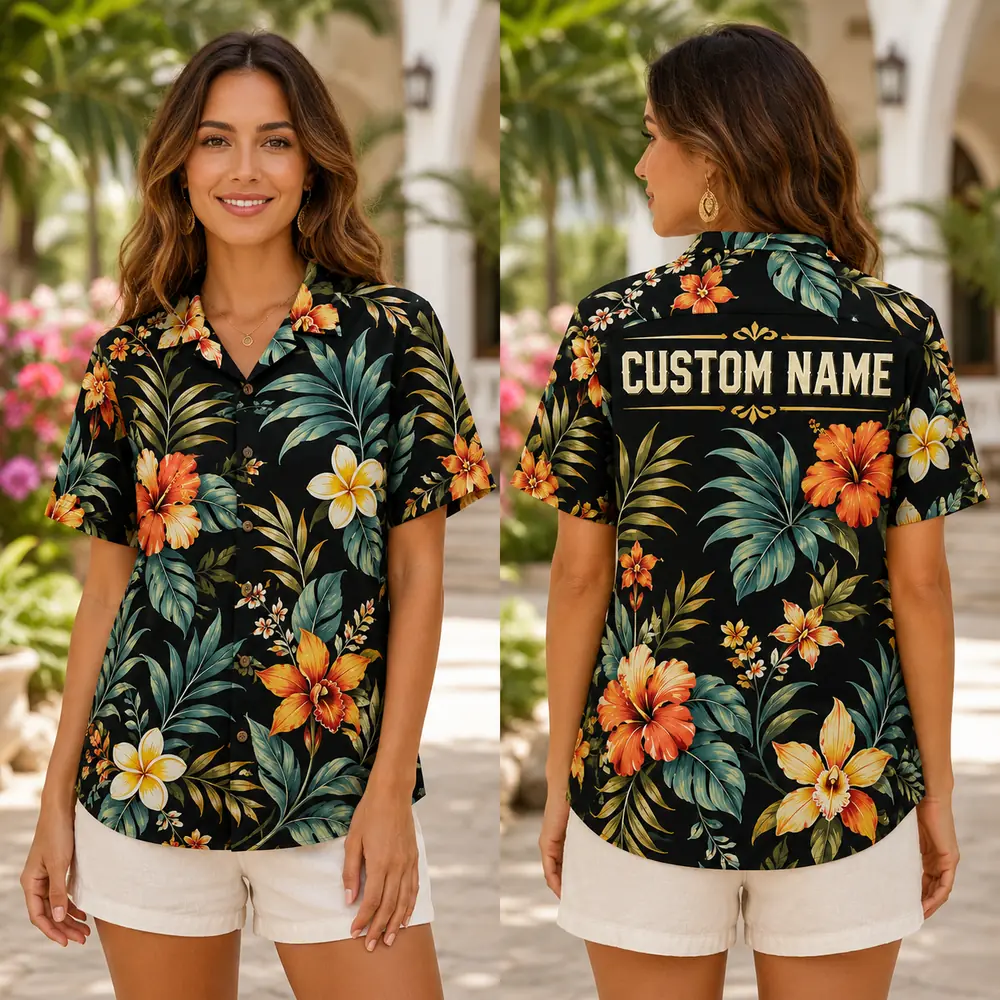 Personalized Black Tropical Floral Hawaiian Shirt For Men And Women, Short Sleeve Elegant Island Vacation Print, Custom Name Summer Button Down - View 2