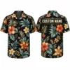 Personalized Black Tropical Floral Hawaiian Shirt For Men And Women, Short Sleeve Elegant Island Vacation Print, Custom Name Summer Button Down
