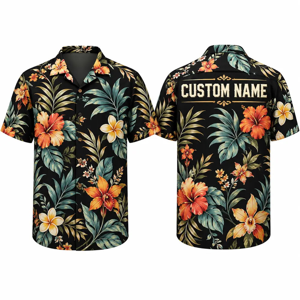 Personalized Black Tropical Floral Hawaiian Shirt For Men And Women, Short Sleeve Elegant Island Vacation Print, Custom Name Summer Button Down