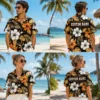 Personalized Black Tropical Hibiscus Hawaiian Shirt For Men And Women, Short Sleeve Elegant Orange Floral Vacation Print, Custom Name Button Down - View 1