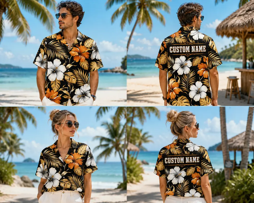 Personalized Black Tropical Hibiscus Hawaiian Shirt For Men And Women, Short Sleeve Elegant Orange Floral Vacation Print, Custom Name Button Down - View 1
