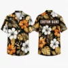 Personalized Black Tropical Hibiscus Hawaiian Shirt For Men And Women, Short Sleeve Elegant Orange Floral Vacation Print, Custom Name Button Down