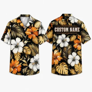 Personalized Black Tropical Hibiscus Hawaiian Shirt For Men And Women, Short Sleeve Elegant Orange Floral Vacation Print, Custom Name Button Down
