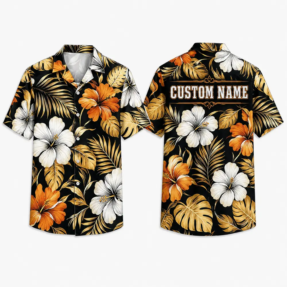 Personalized Black Tropical Hibiscus Hawaiian Shirt For Men And Women, Short Sleeve Elegant Orange Floral Vacation Print, Custom Name Button Down