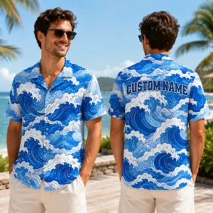 Personalized Blue Ocean Wave Hawaiian Shirt For Men And Women, Short Sleeve Artistic Tropical Sea Vacation Print, Custom Name Summer Button Down - View 1