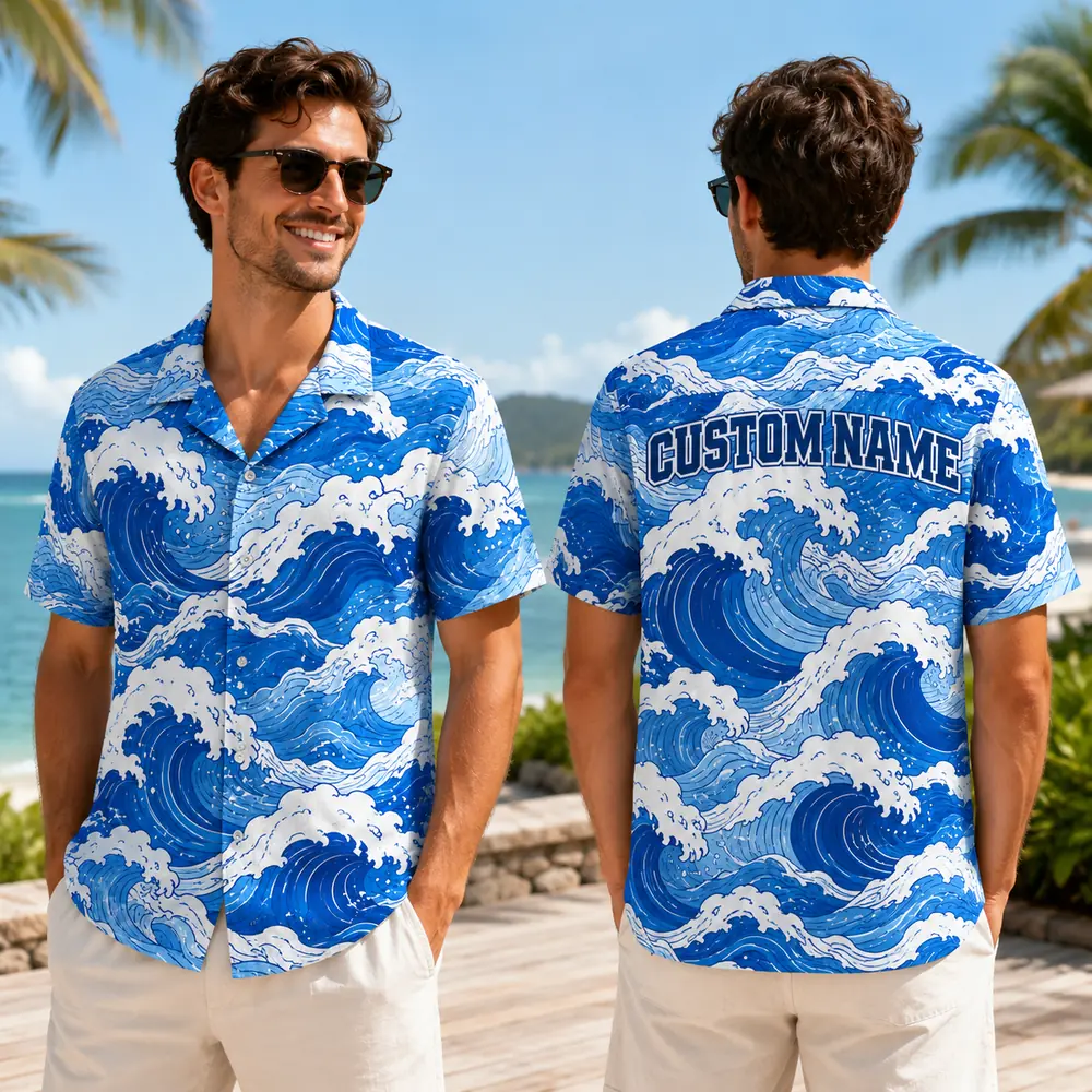 Personalized Blue Ocean Wave Hawaiian Shirt For Men And Women, Short Sleeve Artistic Tropical Sea Vacation Print, Custom Name Summer Button Down - View 1