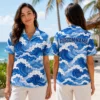 Personalized Blue Ocean Wave Hawaiian Shirt For Men And Women, Short Sleeve Artistic Tropical Sea Vacation Print, Custom Name Summer Button Down - View 2