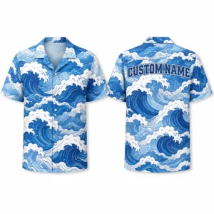Personalized Blue Ocean Wave Hawaiian Shirt For Men And Women, Short Sleeve Artistic Tropical Sea Vacation Print, Custom Name Summer Button Down