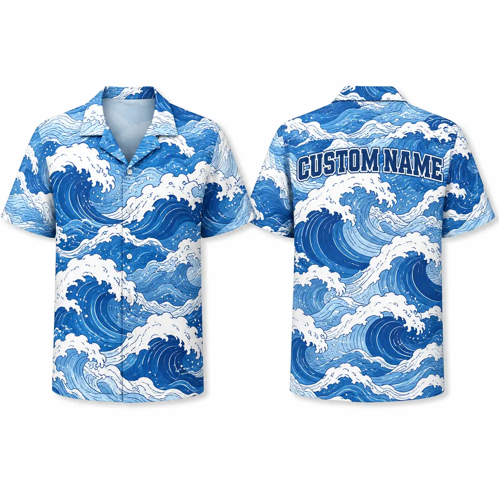 Personalized Blue Ocean Wave Hawaiian Shirt For Men And Women, Short Sleeve Artistic Tropical Sea Vacation Print, Custom Name Summer Button Down