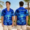 Personalized Blue Sunset Ocean Hawaiian Shirt For Men And Women, Short Sleeve Tropical Sea Vacation Print, Custom Name Summer Button Down - View 1